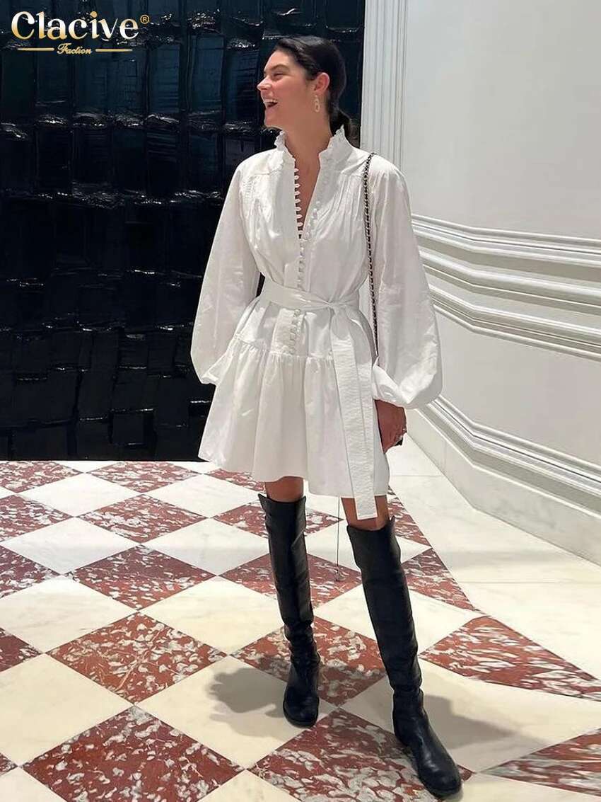 Clacive Fashion Loose White Cotton Casual Stand Collar Puff Sleeve Mini Dress Elegant Lace-Up Pleated Dresses For Women
