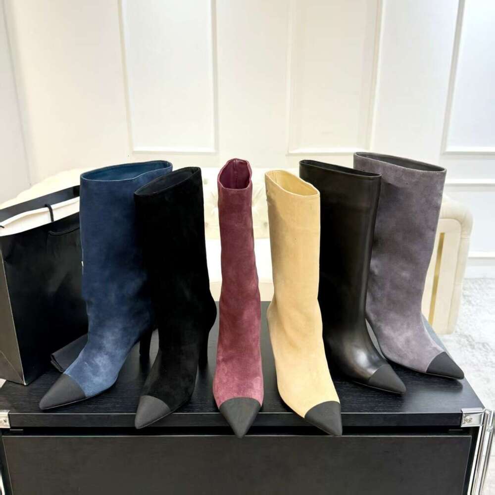 High-End 2025 Autumn Winter Genuine Leather Pointed Toe Color Block Retro Stiletto Slip-On Heel Long High Tube Riding Boots