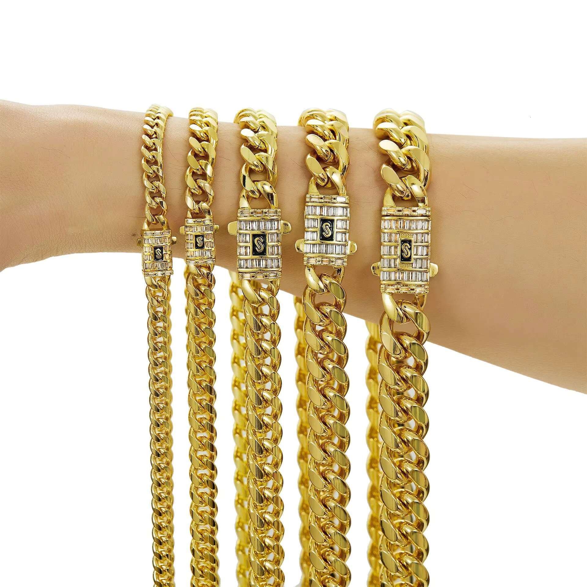 Stocks 14K Gold Plated Stainless Steel Miami Cuban Link Chain Necklace