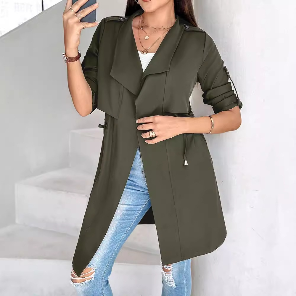 2024 new autumn and winter loose solid color waist cinched sleeve mid length windbreaker jacket womens clothing