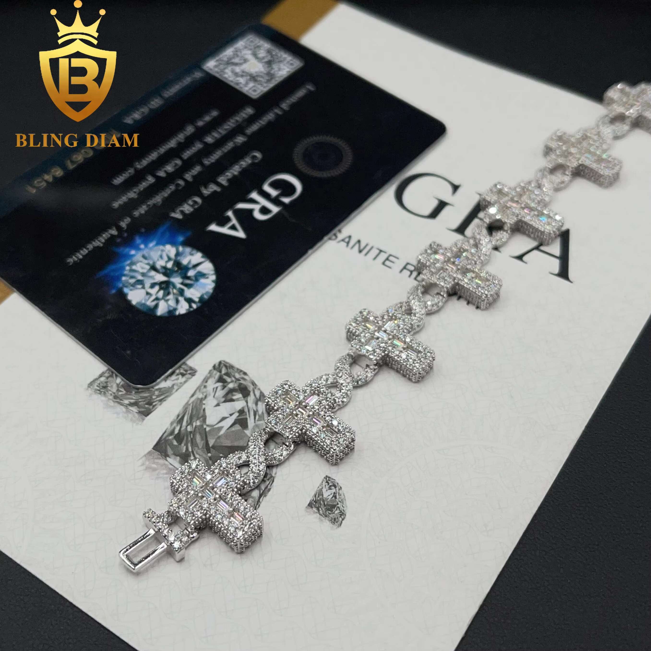 18k Gold Plated Fine Jewelry 925 Sterling Silver VVS Moissanite Cuban Link Chain Cross Bracelet 6mm