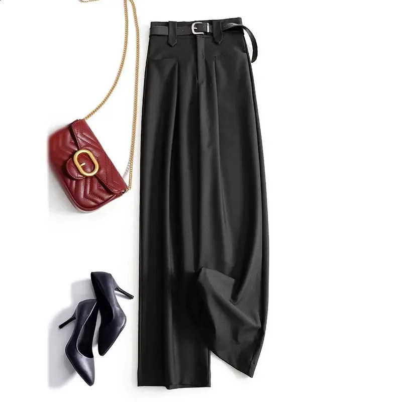 Gray Solid Office Lady High Waist Sashes Loose Straight Womens Pants Ankle-Length Trousers Suit Pants For Women Clothing 2025 250421