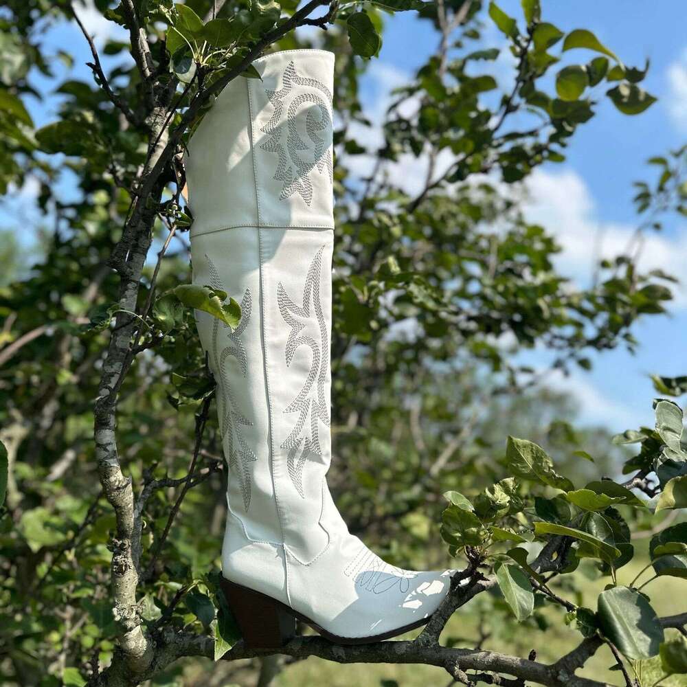 -Like High-Heel Chunky Heel Pointed Toe Riding Sole Sturdy Heel, Brown Cut Jeans, Dresses, Cowboy - Elegant Durable Tube Boot With Faux Suede-Like Tex