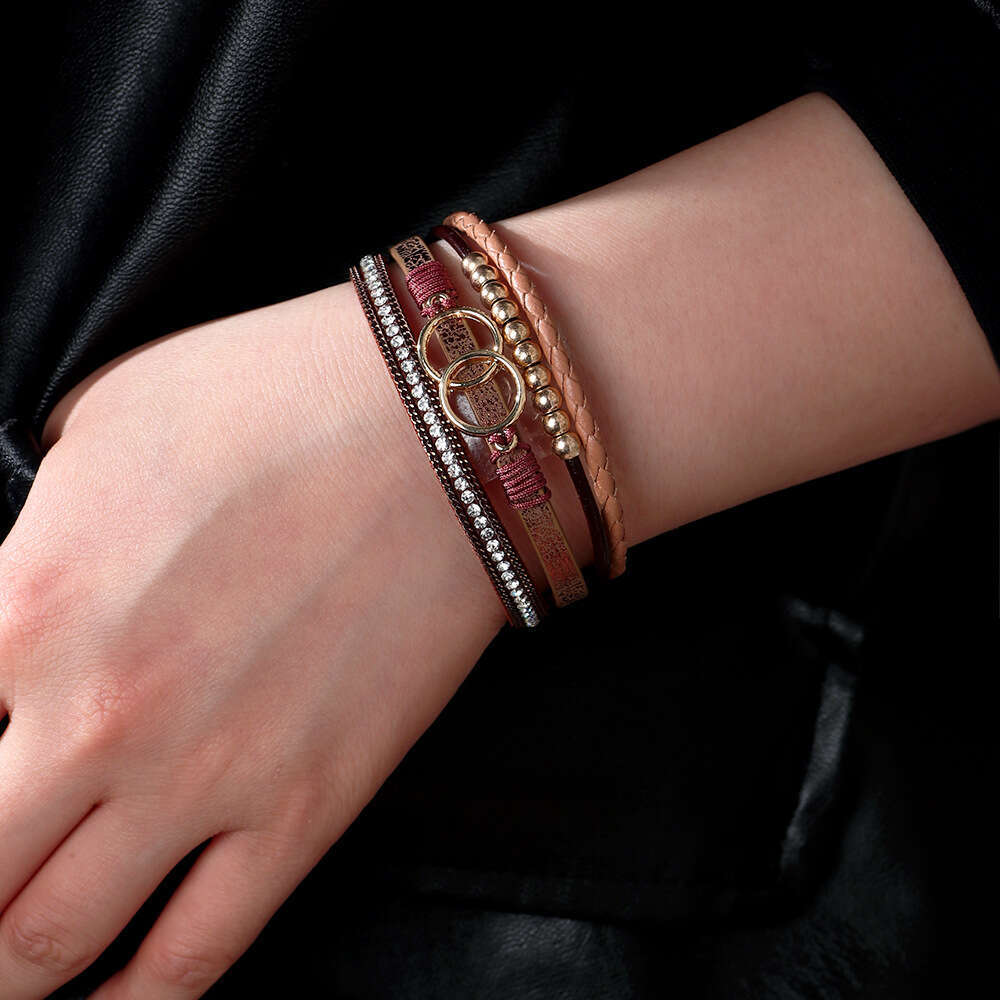 2025 New Product PU Colorful Ring Gold Beads Handmade Weaving Leather Strap Bracelet Campus Fashion Style Jewelry