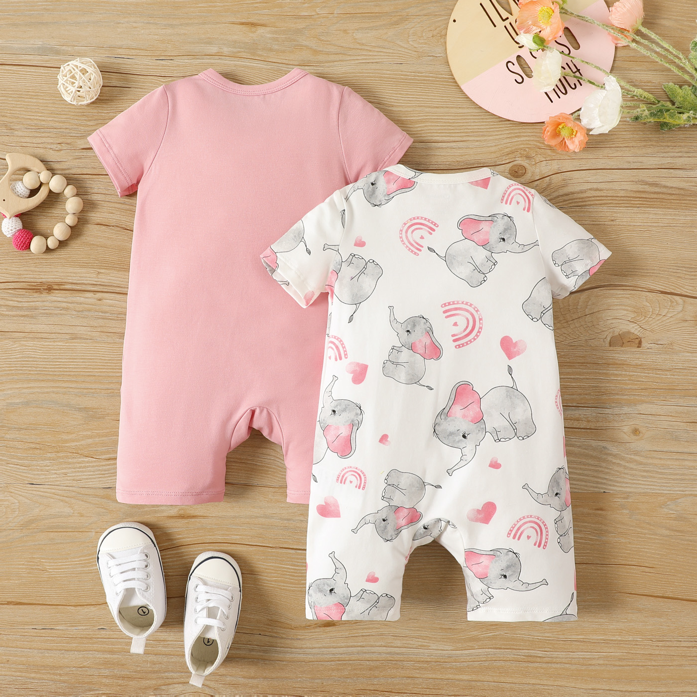 PatPat 2-Pack Baby Girl Cotton Elephant Print/Pink Zipper Design Short-sleeve Rompers