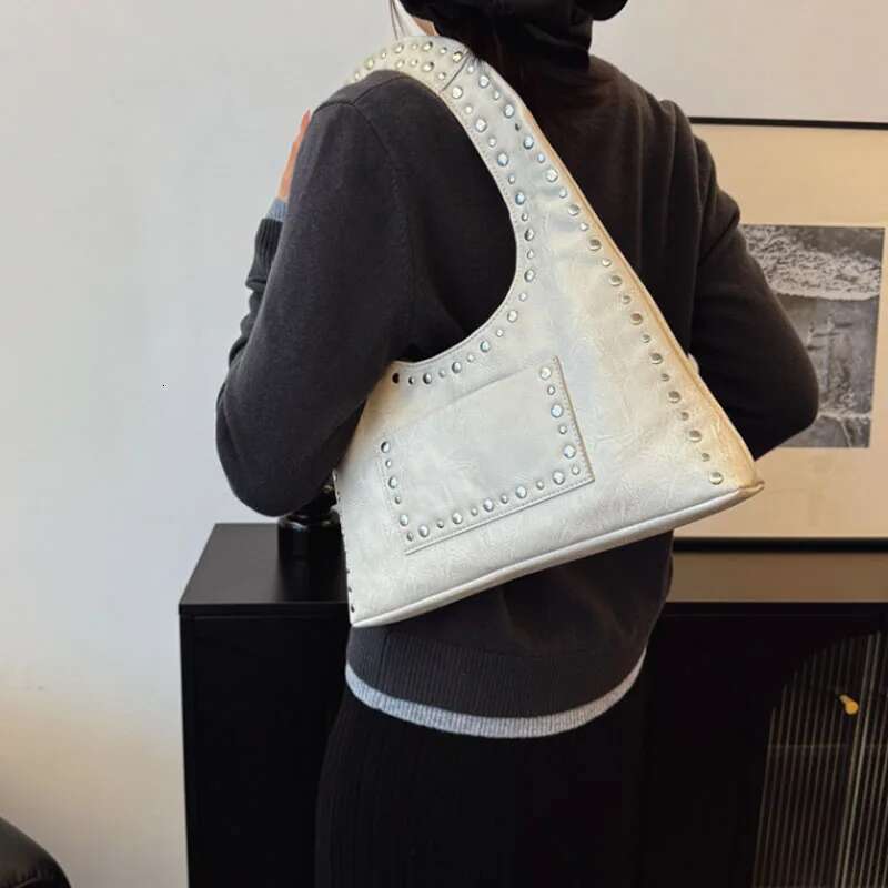 Designer Bag Retro Rivet Decorative Shoulder Bag Trendy Studded Purses Punk Inspired Motorcycle PU Leather Underarm Handbag For Women Bolso