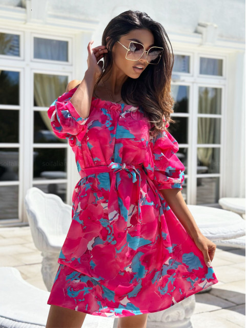 2023 Summer Simple One Shoulder Short Sleeve Printed Dress for Womens Wear