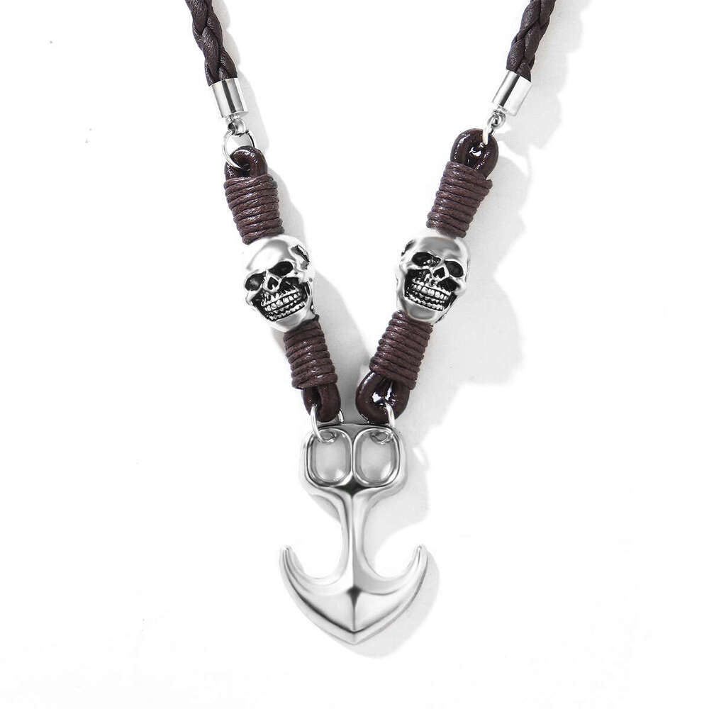 Versatile design Halloween alloy boat anchor pendant hot selling personalized skull head woven necklace
