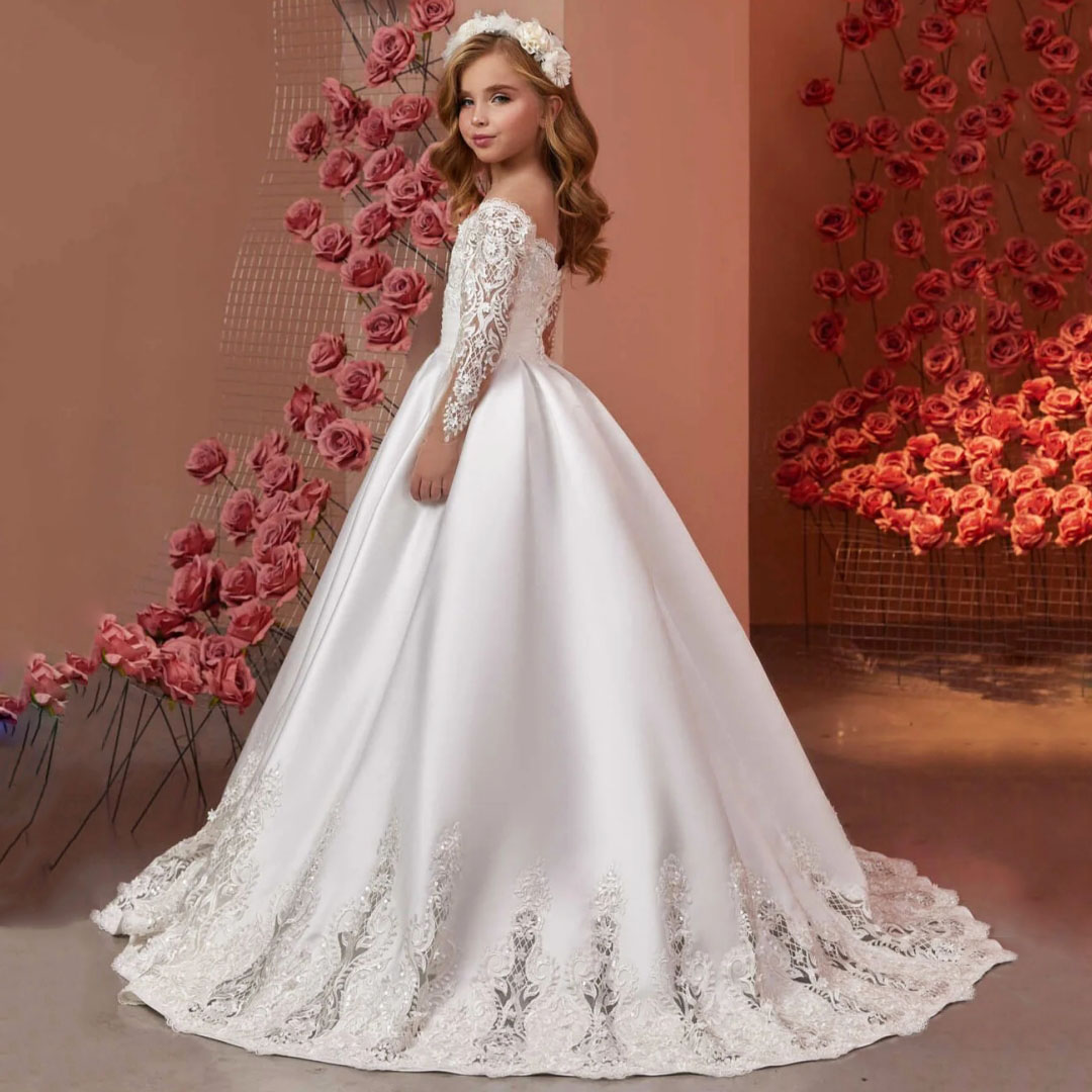 Princess Ivory White Flower Girl Dress Satin Lace Floral Appliques Long Sleeve For Wedding Birthday Party Prom Pageant Gowns Kids Formal Occasion Robe