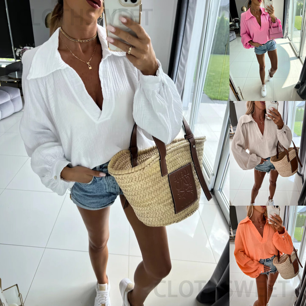 Spring and Autumn 2022 New Long Sleeve Loose V-Neck Casual Womens Shirt Women