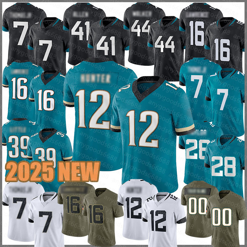 16 Trevor Lawrence Football Jerseys 41 Josh Hines-Allen 12 Travis Hunter 7 Brian Thomas Jr. 28 Fred Taylor 39 Cam Little 44 Travon Walker 87 Keenan McCardell Woman