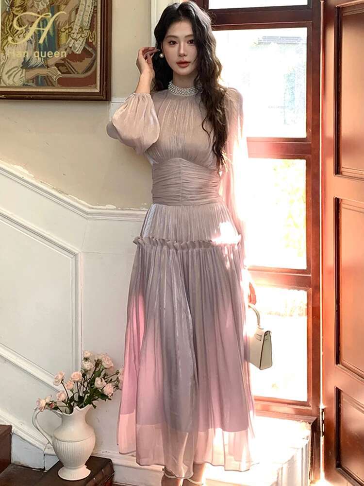 H Han Queen Spring Pleated Waist Cinched Long Bubble Sleeve Dress A-Line Casual Nail Bead Vintage French Style Party Dresses