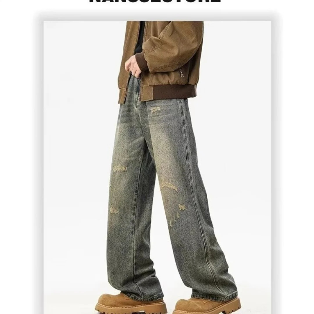 ly Washed Distressed Ripped Mens Pocket Jeans Retro Straight Wide Leg Denim Pants Street Clothing Fashion Blue Jeans 250423