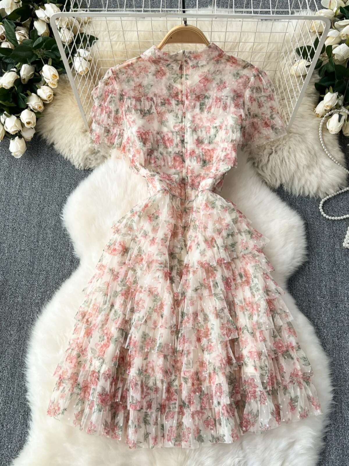 Elegant Floral Ruffle Cake Dresses Shirt Women Summer Holiday Printed Short Sleeve Evening Vestidos Bow Dots Party Robe