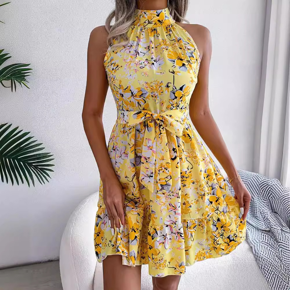2024 Summer Sleeveless Floral Hanging Neck Waist Dress for Women
