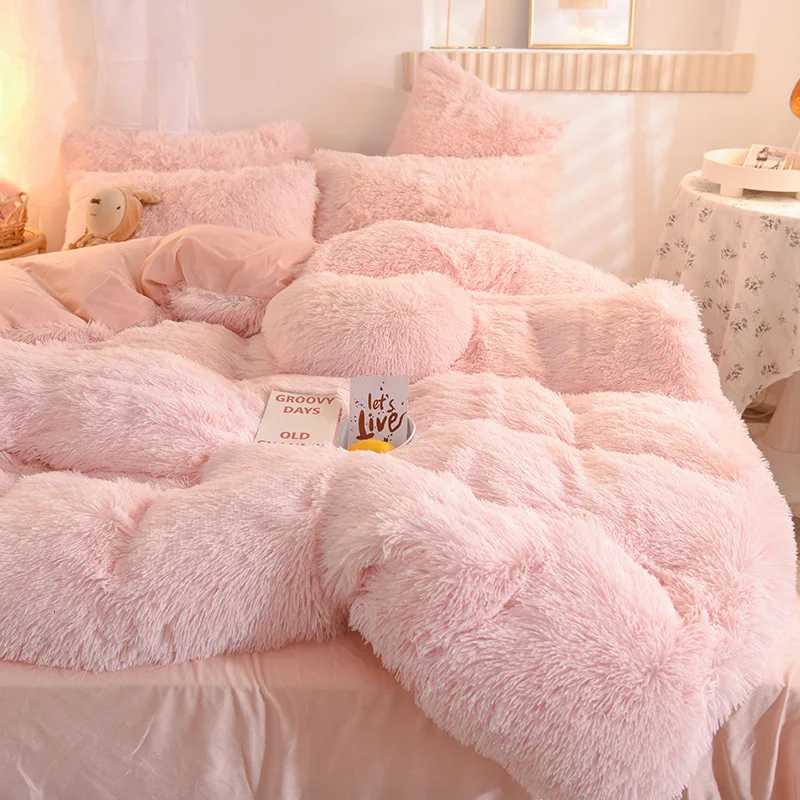 Luxury Solid Color Fluffy Long Plush Winter Bedding Set with Throw Queen Size Thick Warm Duvet Cover Set Soft Double Bed Sets Y251124