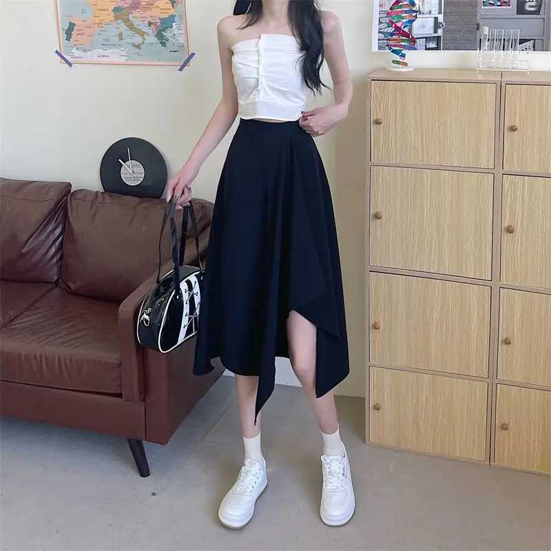 Black irregular leather womens spring and summer high waist thin medium long umbrella dress plus size bottom retro Y2k dress M250424