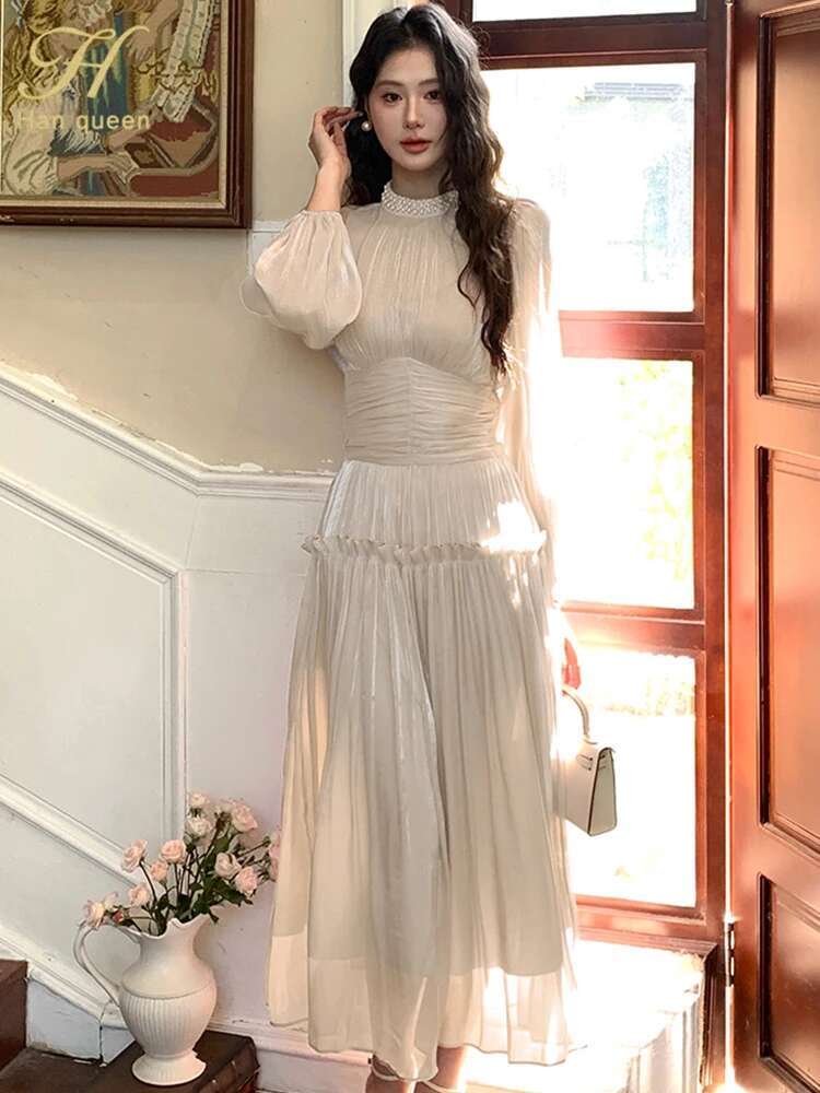 H Han Queen Spring Pleated Waist Cinched Long Bubble Sleeve Dress A-Line Casual Nail Bead Vintage French Style Party Dresses