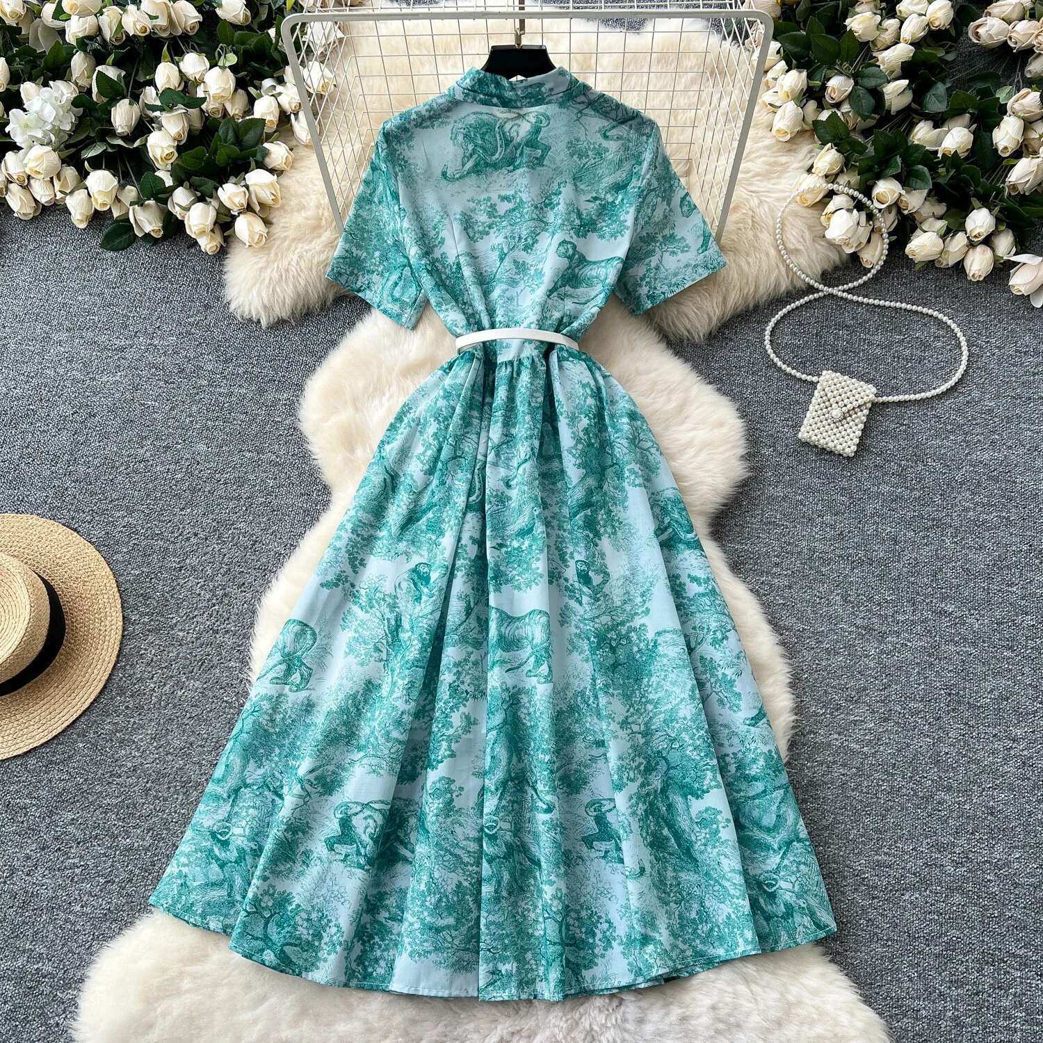 Elegant Short Sleeves Vintage Polo-Neck Chic Single Breasted Print Slim Sashes Long Dresses Evening High Street Summer Clothing