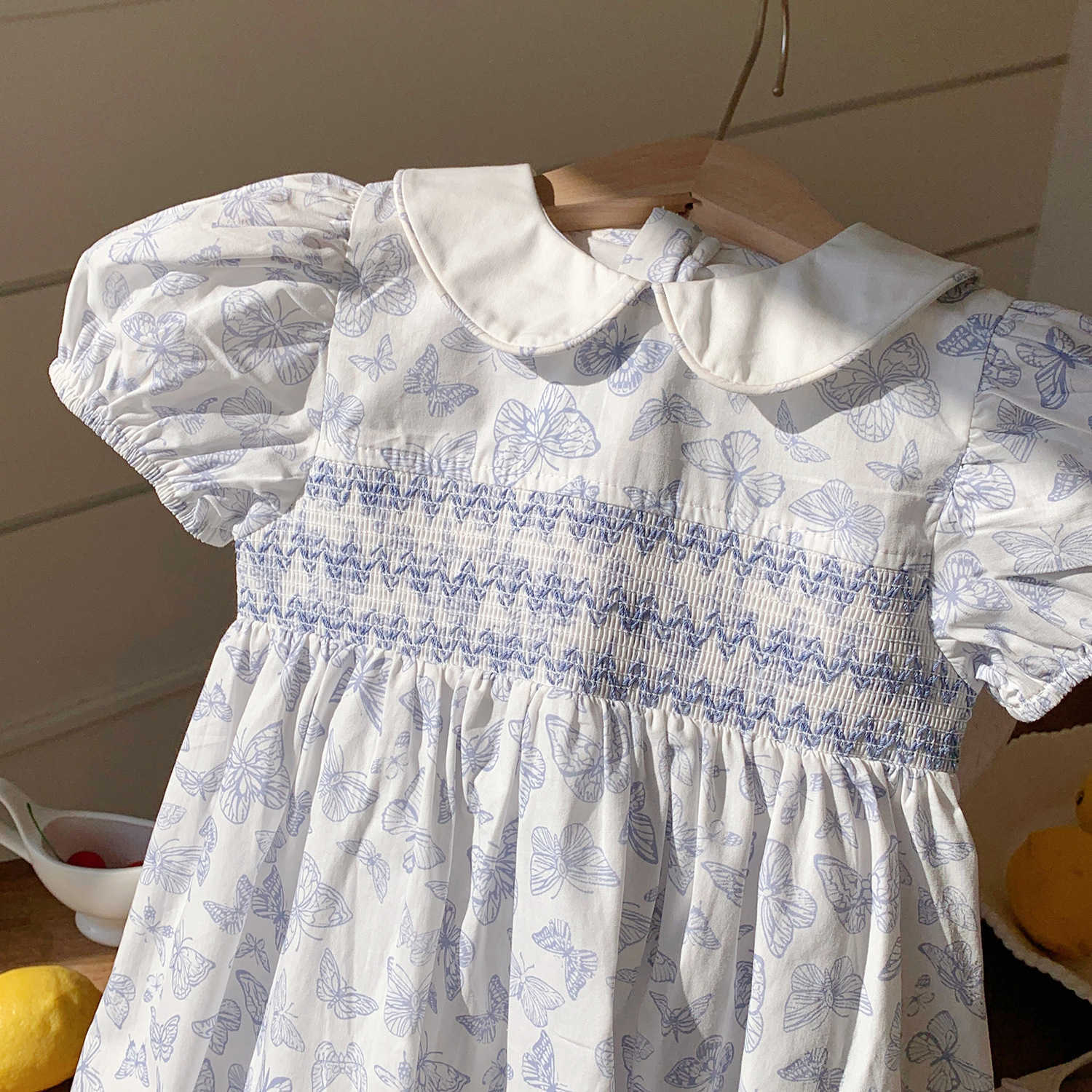 2025 Summer Childrens Clothing Butterfly Printed Embroidered Girls Dress French Style Bubble Sleeves Middle and Small Childrens Skirt Y25042342gu