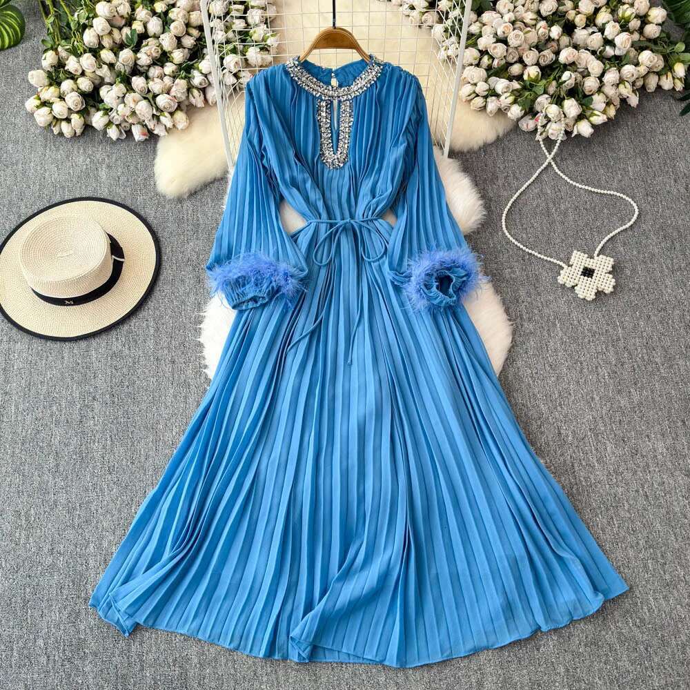 Quality 2025 Spring Crystal Loose Full Sleeve Maxi Pleated Chiffon Dress For Women Elegant Prom Evening Party Long Dresses Lady