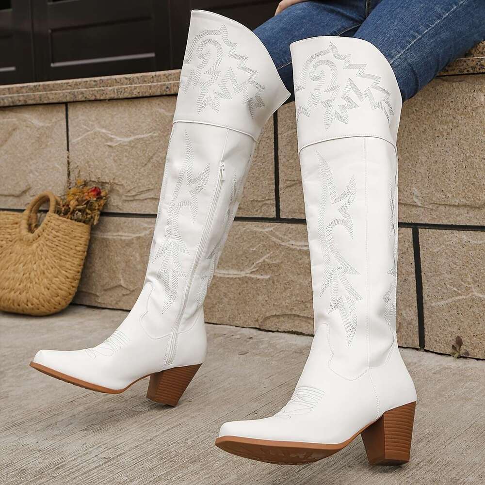 -Like High-Heel Chunky Heel Pointed Toe Riding Sole Sturdy Heel, Brown Cut Jeans, Dresses, Cowboy - Elegant Durable Tube Boot With Faux Suede-Like Tex