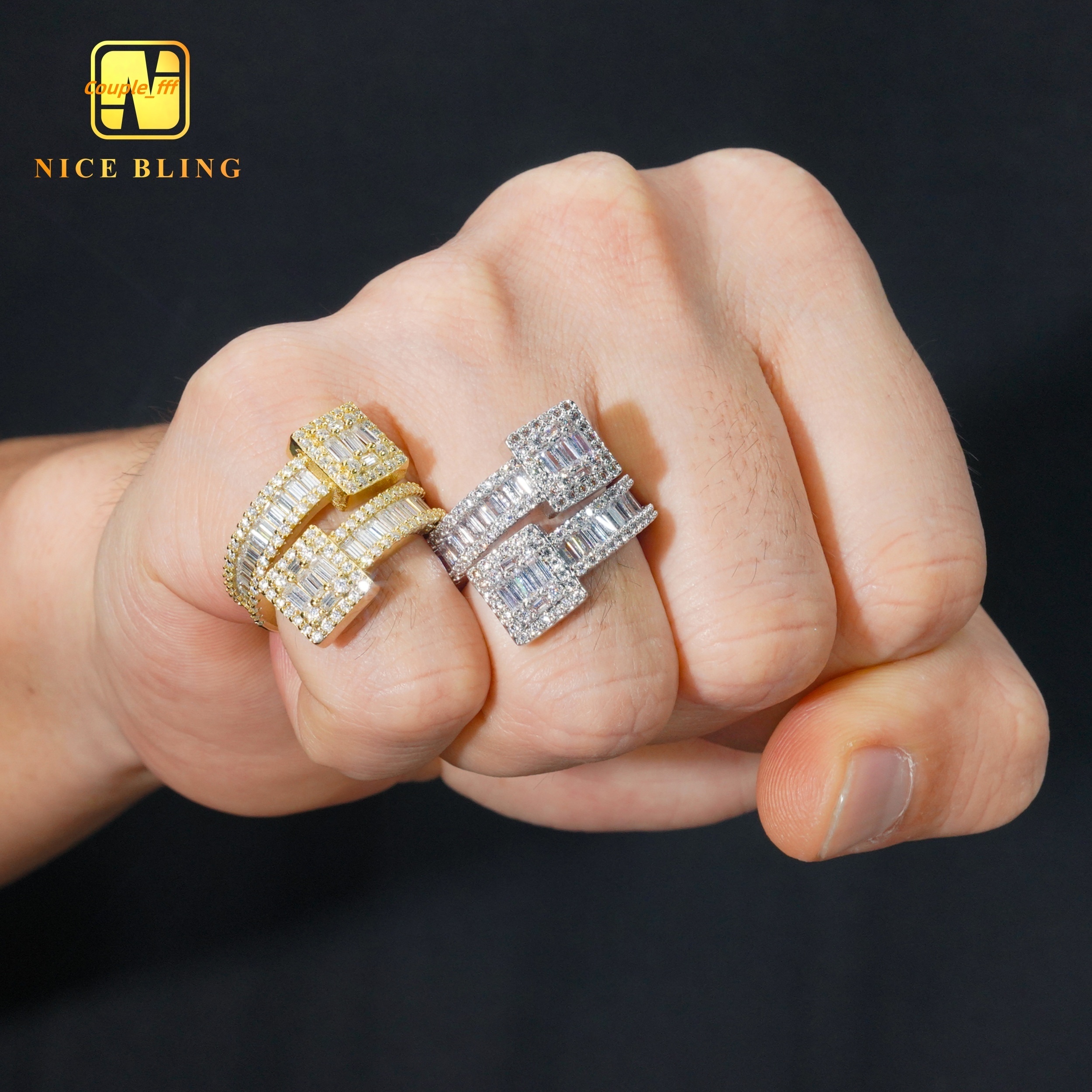 Anti Stress Hip Hop Moissanite Rings 18k Gold Plated 925 Sterling Silver Jewelry Vvvs baguette Moissanite Diamond Rings for Men
