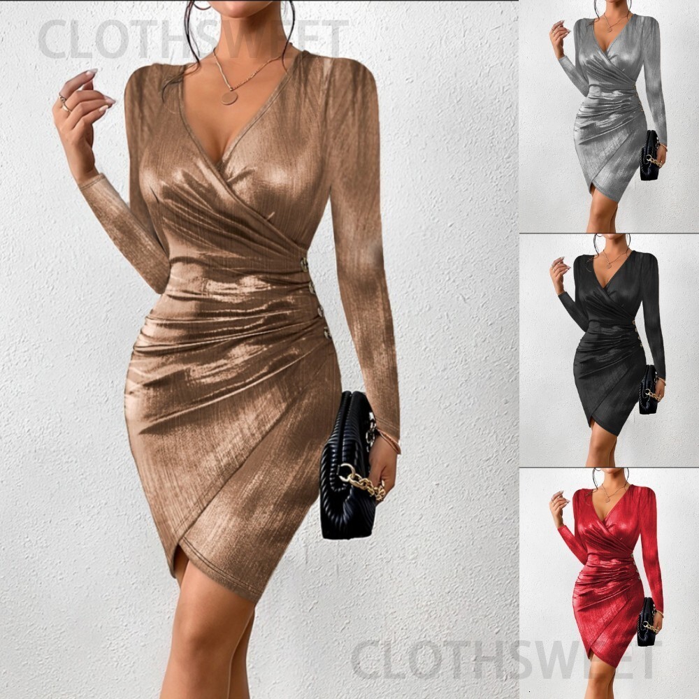 2023 New sexy buttocks wrapped fashion V-neck slit solid color dress for women