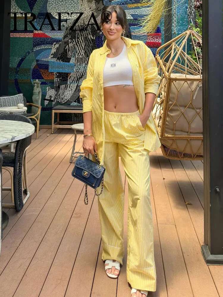 TRAFZA Women Yellow Stripe Blouse Pant Suit Loose Long Sleeve Shirt Drawstring Trousers 2024 Female Fashion Streetwear Outfits