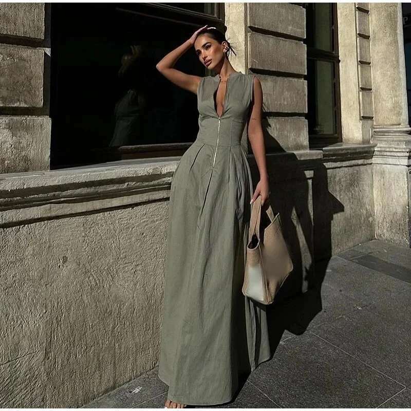Designer Clothes Y2k Sleeveless Spliced Zipper Maxi Dress Elegant V-Neck High Waist Slim Pleated Long Dresses Summer Office Lady Street Robes
