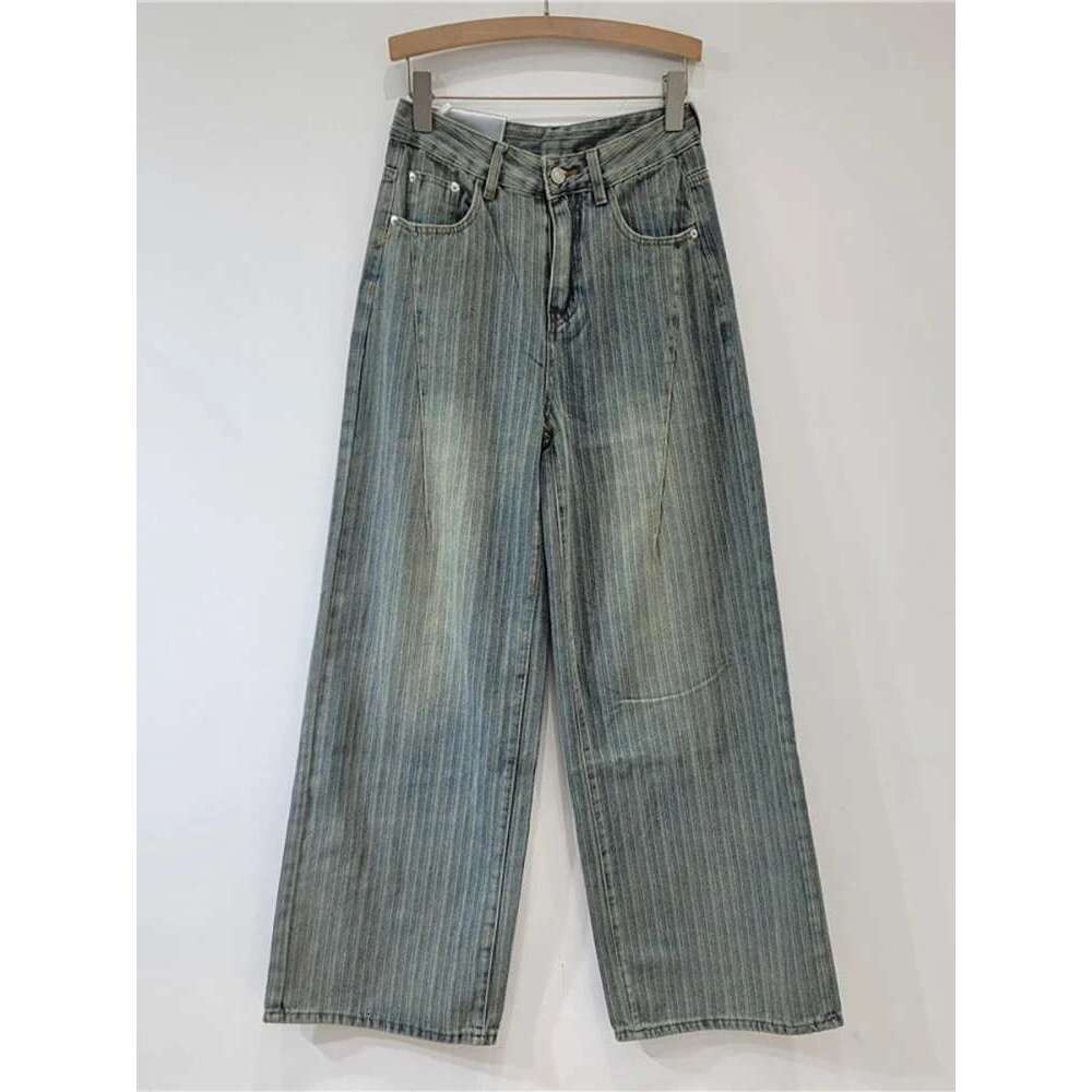 DEAT Women's Jeans High Waist Washed Striped Loose Straight Wide Leg Vintage Causal Denim Pants 2025 Spring New Fashion 29L8450