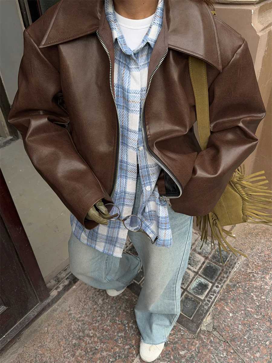 Women Vintage Wine Red Faux Leather Jakcet Fashion Outerwear Zipper Lapel Pu Coats Autumn Winter Streetwear Ladies Short Tops J251124