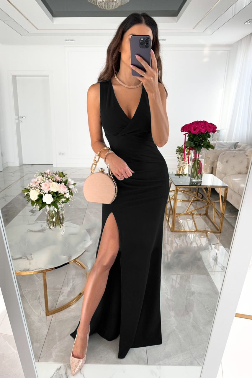 2023 Summer New Solid Simple V-Neck Sleeveless Split Dress