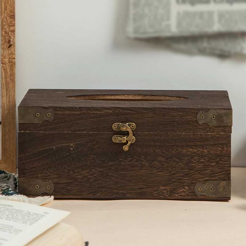Solid Wooden Tissue Box Vintage Metal Lock Paper Napkin Holder Dispenser Case Bathroom Office Desk Living Room Home DecorationM251124