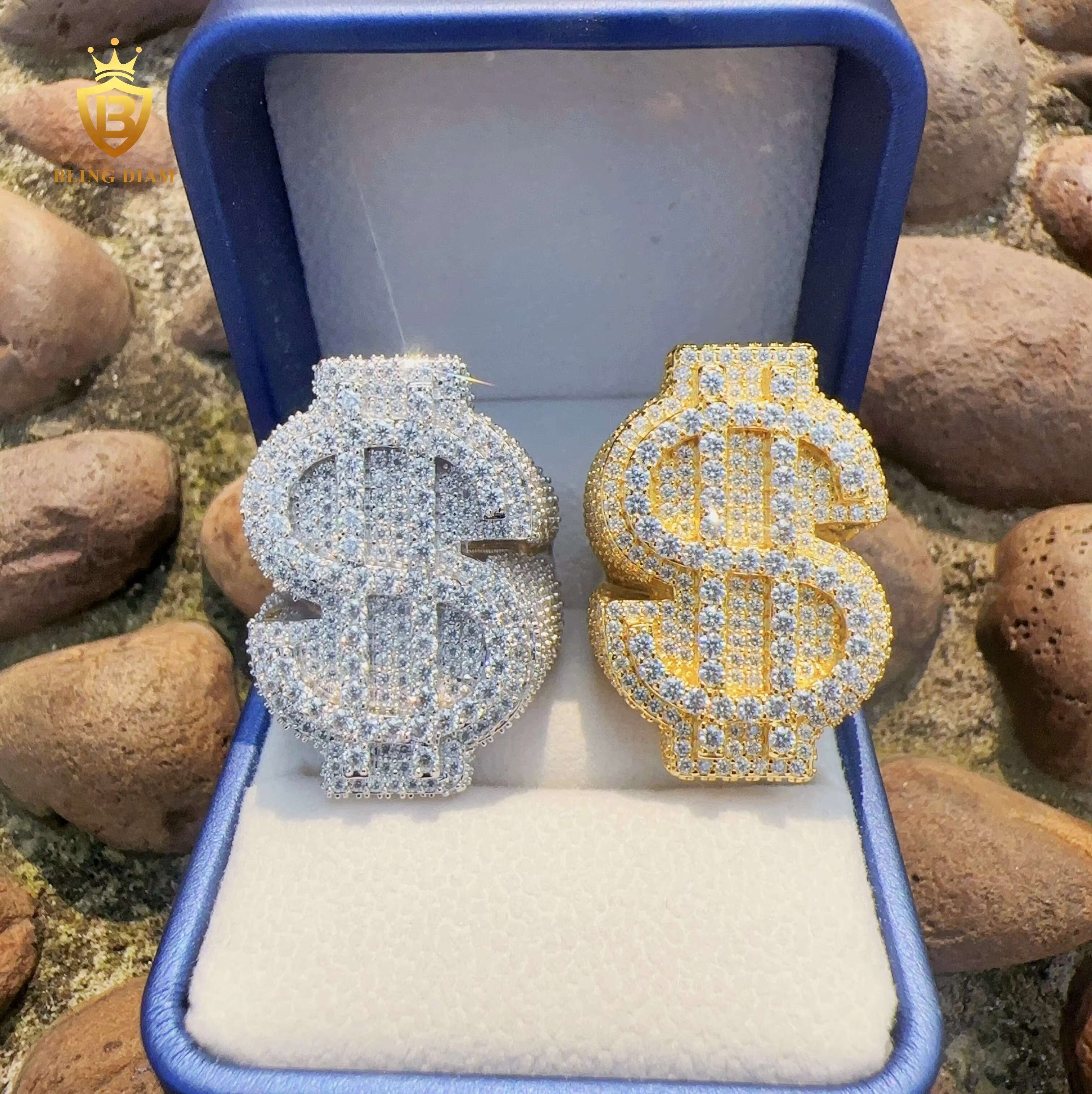 D Color VVS Moissanite Custom Hip Hop Dollar Ring 925 Sterling Sliver Iced Out Wax Setting Moissanite Rings