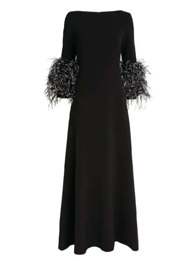 Female Solid Color Floor Length Wrap Dress Feathers Half Sleeve Boat Neck Elegant Pleated Evening Dresses For Women