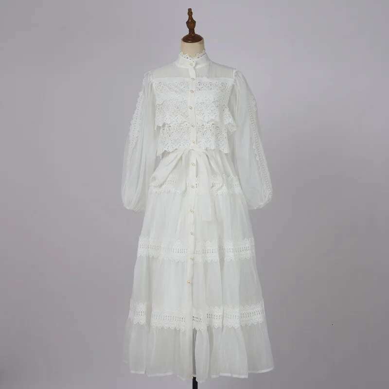 Runway Long Dresses Women Autumn Full Sleeve Single Breasted Pearls Embroidery Hollow Out Crochet Midi Vestidos