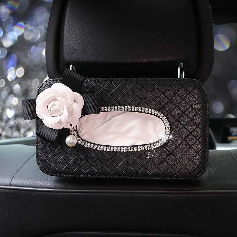 Crystal Car Tissue Box Camellia Flower PU Leather Auto Tissue Bag Seat Back Headrest Hanging Holder Case For Car AccessoriesM251124