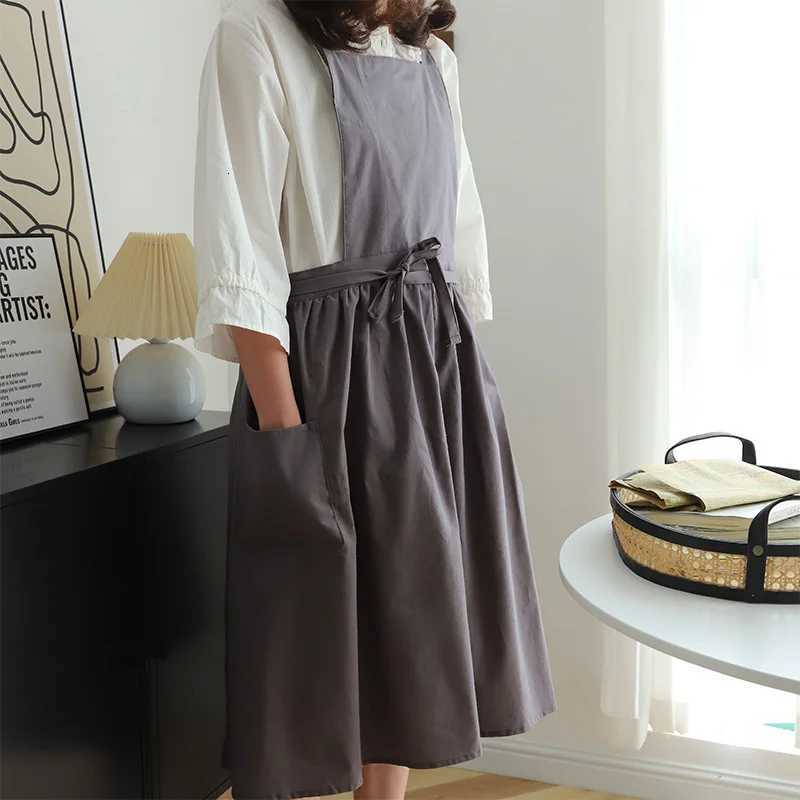 Long Cotton Pleated Womens Kitchen Apron with Pocket for Cooking Baking Cross-back Dress Work Apron for Beauty Salon Nail Shop C251124