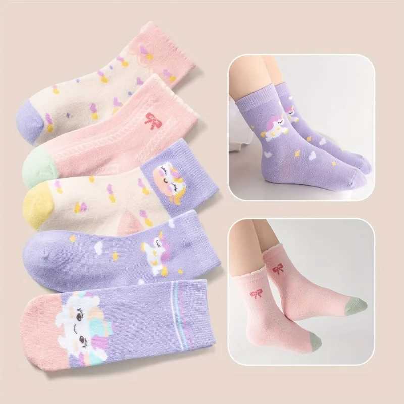 5 Pairs Cute Pattern CHIldrens SOCKS for Girls Autumn Winter Bow Mid-Calf SOCKS for Kids Soft Cotton SOCKS G251124