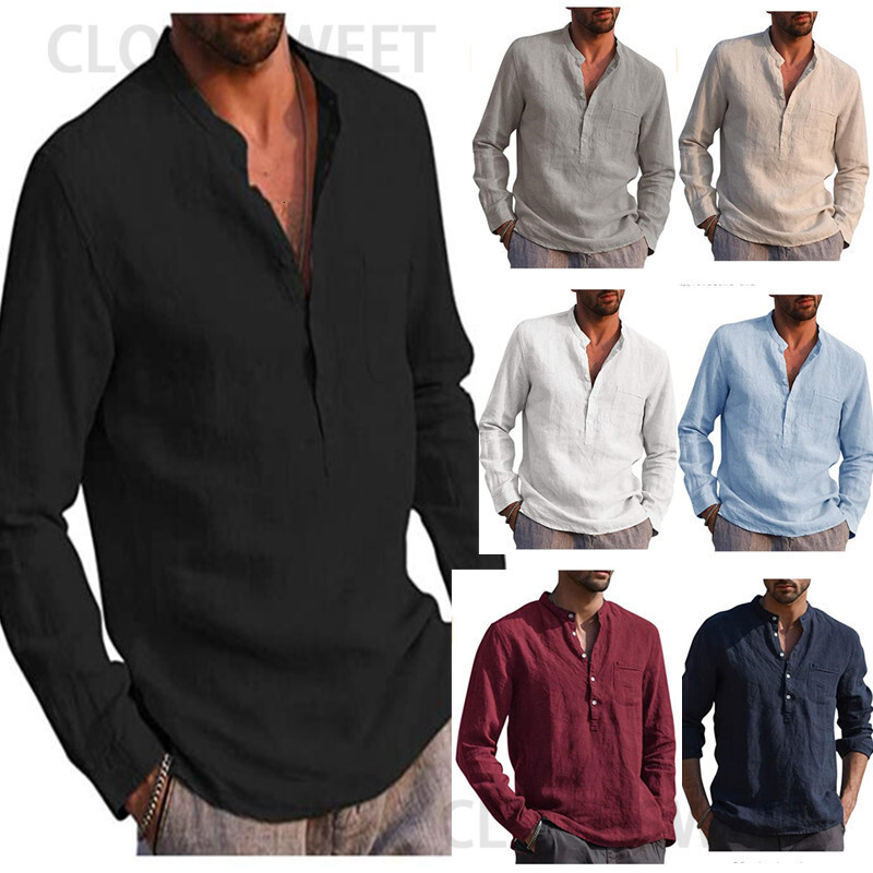2020 mens long sleeve V-neck casual beach Linen Shirt Mens wear