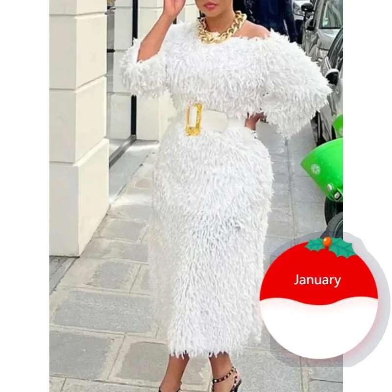 Customized Women White Fur Dresses 3/4 Sleeves Tassel Elegant Fluffy Midi Dress With Belt Fall Winter Party Club Night Go