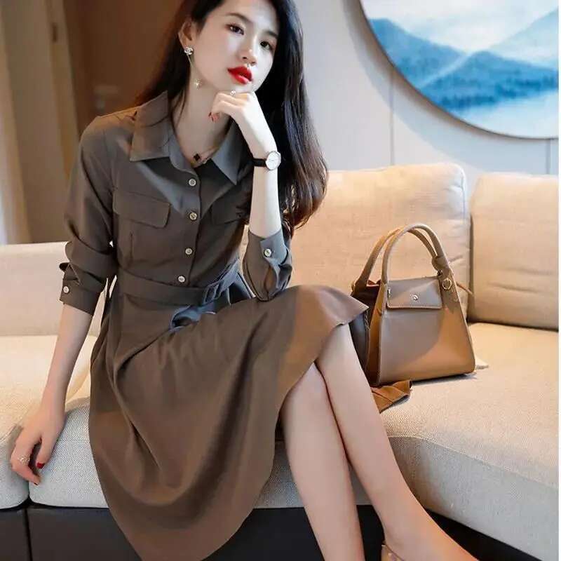 French Retro Style Slim Tall Dress Spring And Autumn New Long Sleeved Button Waist Cinched Women's Mid Length Casual Dresses
