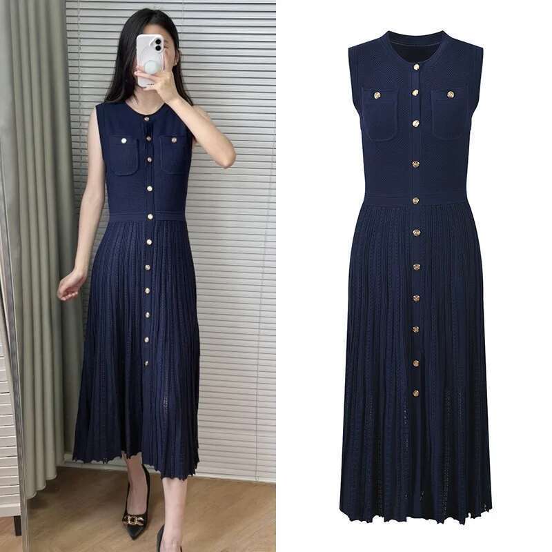Designer Women's Clothing Hollow Vest Dark Blue Slim Long Single-Breasted Knitted Party Skirt 2025 Spring New Style Birthday Dress For Women