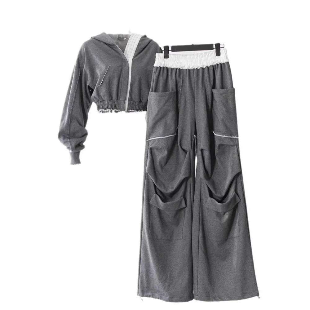 ZOCI Women's Gray Sweatshirts 2Pcs Pockets High Waist Sweatpants Solid Color Pleated Wide Leg Trousers Sets 2025 New Fc1353