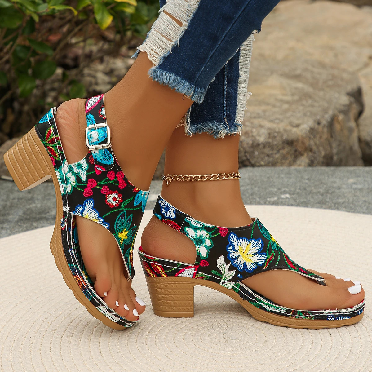 Fashion Summer Women Sandals Outdoor Mixed Colors Open Toe Shoes for Women Chunky Heels Large Size Rome Elegant Sandals Women 250418