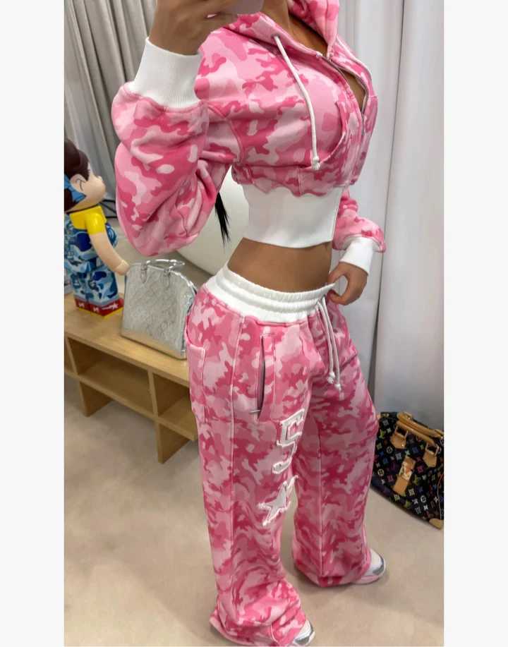 Strtwear Harajuku Retro Two Piece Sweatshirt Hip Hop Rock Sexy Camouflage Short Hoodie Womens Y2K New Casual Sweatpants T250424