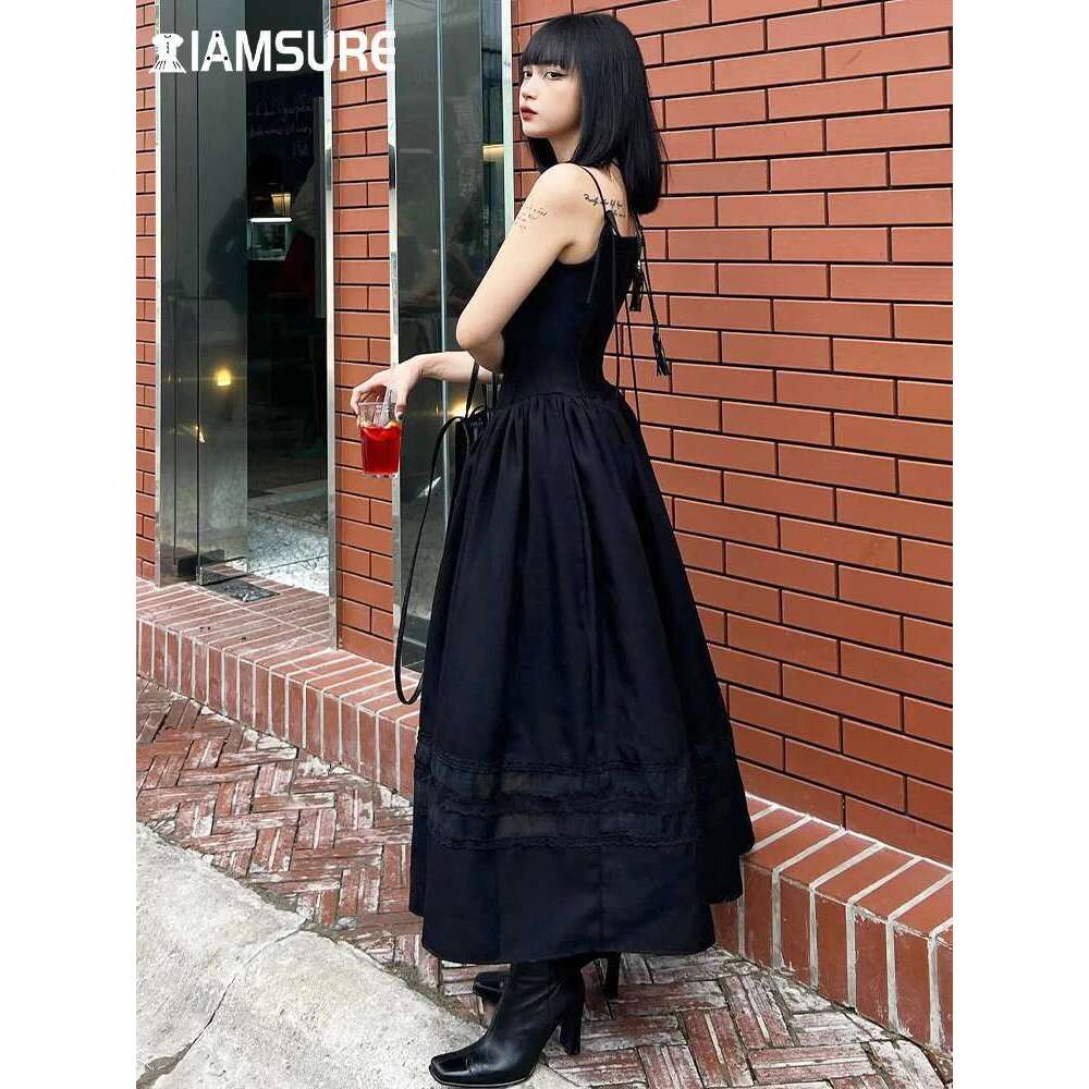 Designer Clothes IAMSURE Casual Solid Lace Trim A-Line Long Dress Slim Slash Neck Sleeveless Maxi Dresses For Women Summer Fashion Ladies