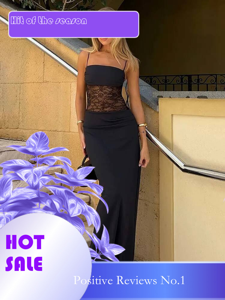 Dongdumaoyi Townlike Lace Patchwork Maxi Long Slim Bodycon Dress Women Spaghetti Strap Spring Summer Nightclub Sexy Party Dresses