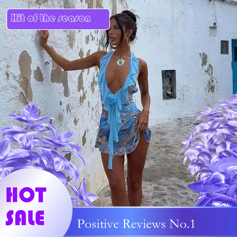 Dongdumaoyi Townlike Mesh Patchwork Print Slim Bodycon Dress Women Halter Mini Spring Summer Ruffles Nightclub Sexy Party Dresses